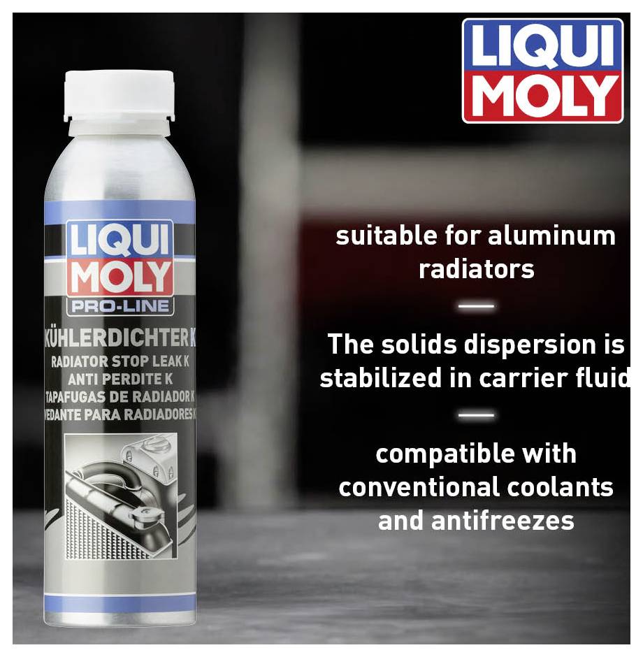 'LIQUI MOLY Radiator Sealant suitable for aluminium radiators. Solid dispersion stabilised. Compatible with coolant additives and antifreeze.'