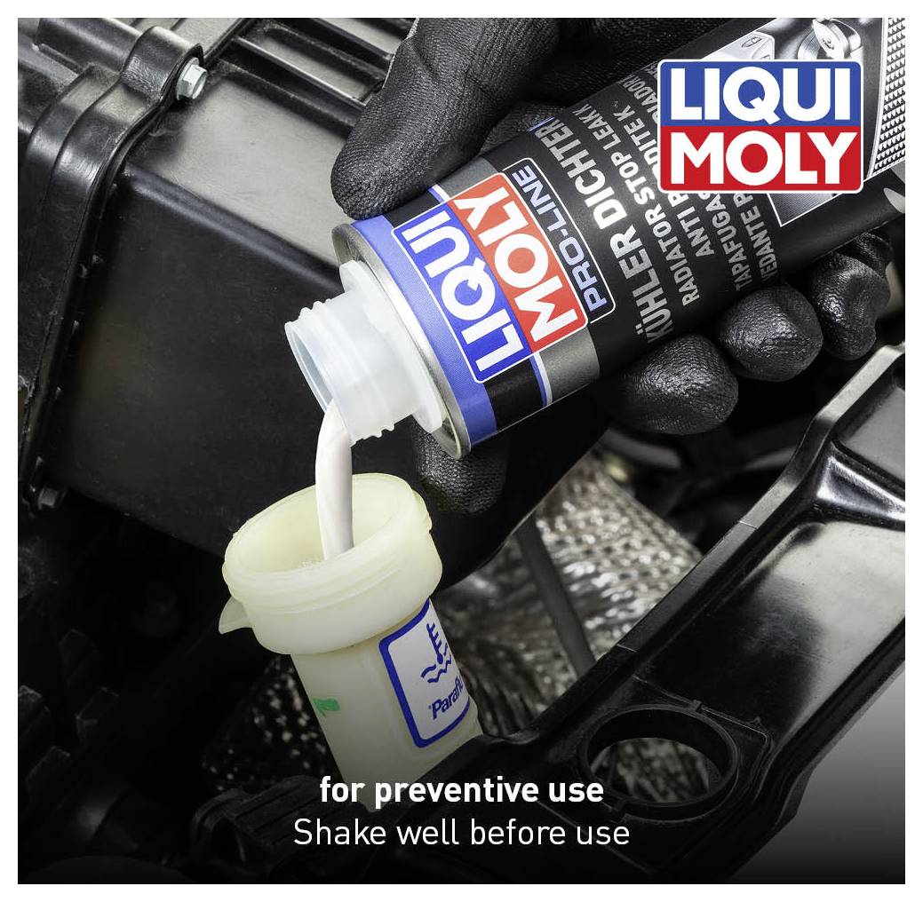 A hand wearing a black glove is pouring radiator sealant from a LIQUI MOLY container into a white coolant reservoir.
