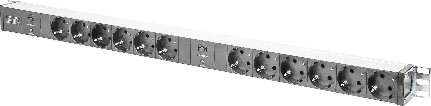 Power strip with twelve outlets, mountable for server racks. Includes power supply switch.