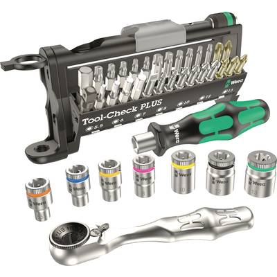 Toolkit comprising a bit holder, multi-bit screwdriver, various socket keys, and a ratchet, compactly arranged.