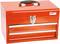 Red metal toolbox with handle and two drawers. It has a silver lock at the front.