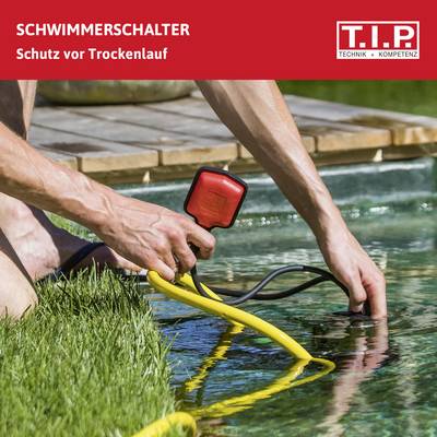 A person is mounting a float switch at a pond's edge. Text: 'Float Switch - Protection Against Dry Running'. T.I.P. Logo in top right corner.