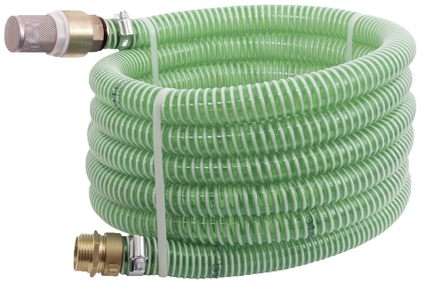 Green, spiral garden hose with metal couplings at both ends, coiled and ready for use.