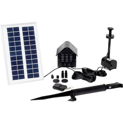 Solar-powered water pump with solar panel, control unit, and pump accessories. Suitable for garden decorations or water circulation systems.