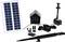 Solar-powered water pump with solar panel, control unit, and pump accessories. Suitable for garden decorations or water circulation systems.