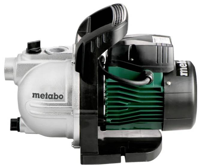 A 'metabo' water pump in silver and green, featuring a sturdy design with a black handle, is designed for home or garden water transfer tasks.
