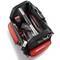 An open tool bag with various tools including a pipe wrench, screwdriver set, and cordless drill, all nestled in a soft, padded interior with red accents.