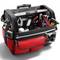 Open tool bag with hammers, screwdrivers and other tools. Red and black colours dominate the design.