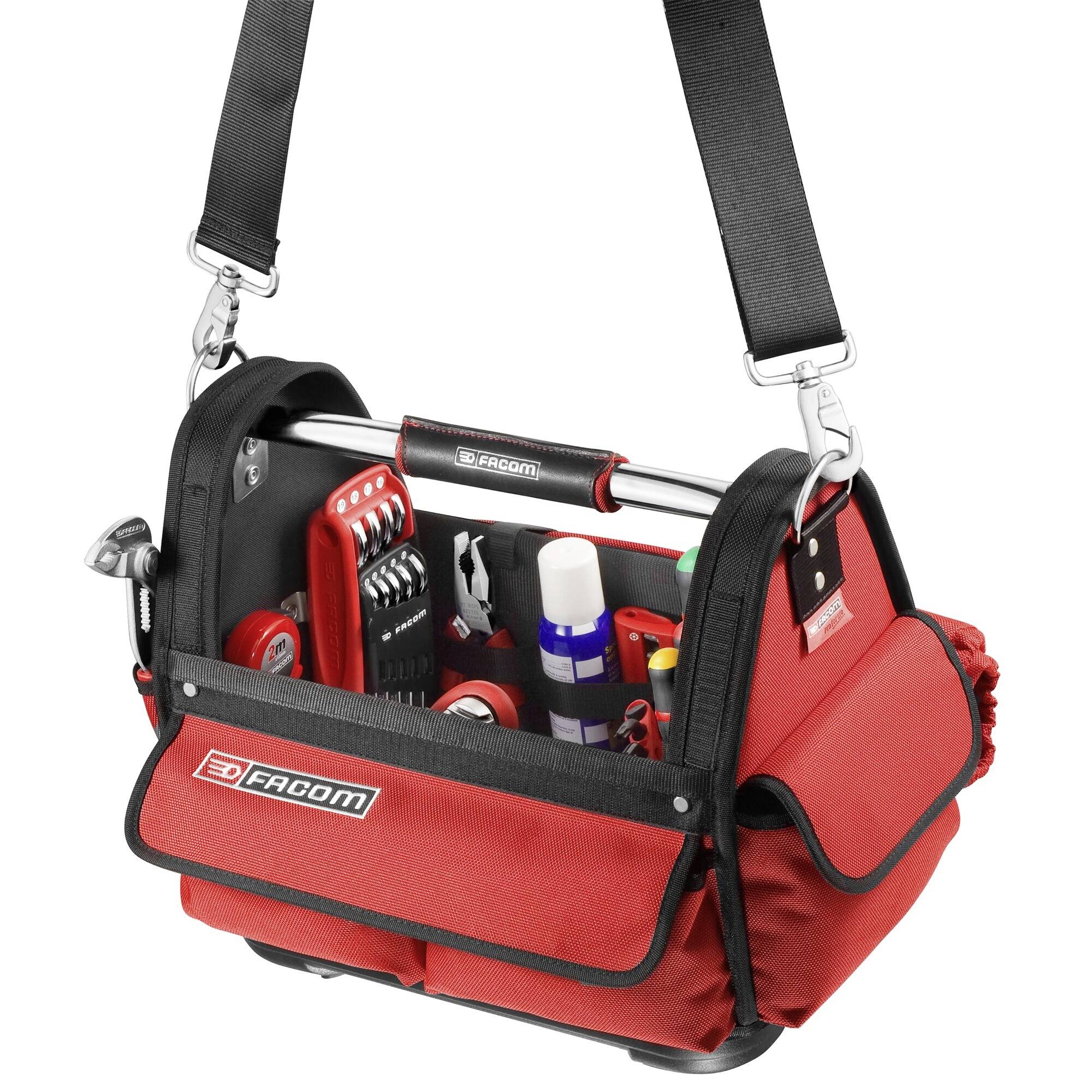 A red tool bag with an open design, filled with various tools and accessories, including screwdrivers and spray cans.