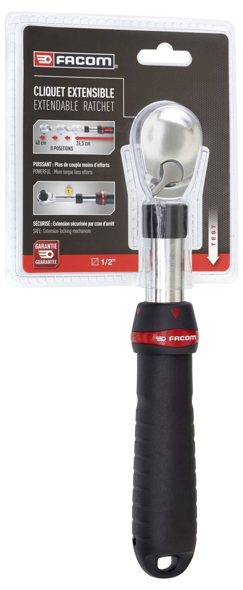 Facom 1/2-inch extendable ratchet with ergonomic handle, in plastic packaging. Includes extension mechanism.