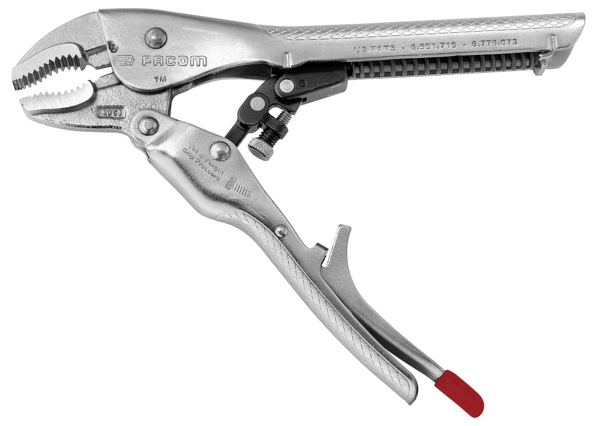 Metal pliers with a red rubber grip, showing a gripping mechanism and an adjustment screw for precise work.