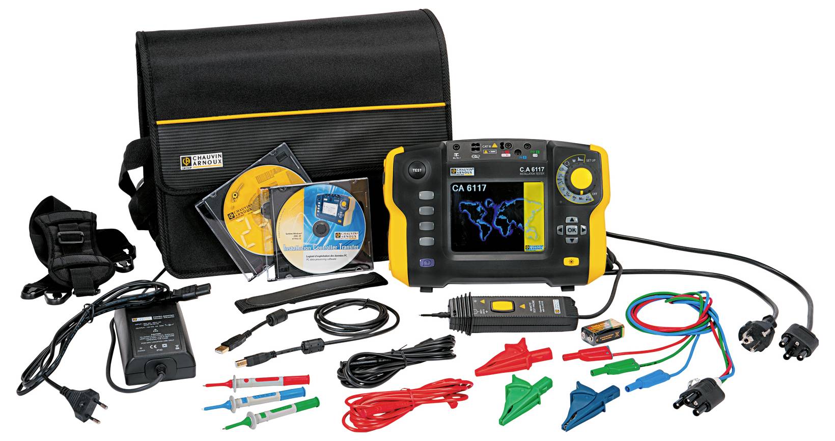 Portable measuring device for installation testing with accessories including cables, CD-ROMs and carry case, for electrical installation inspections.