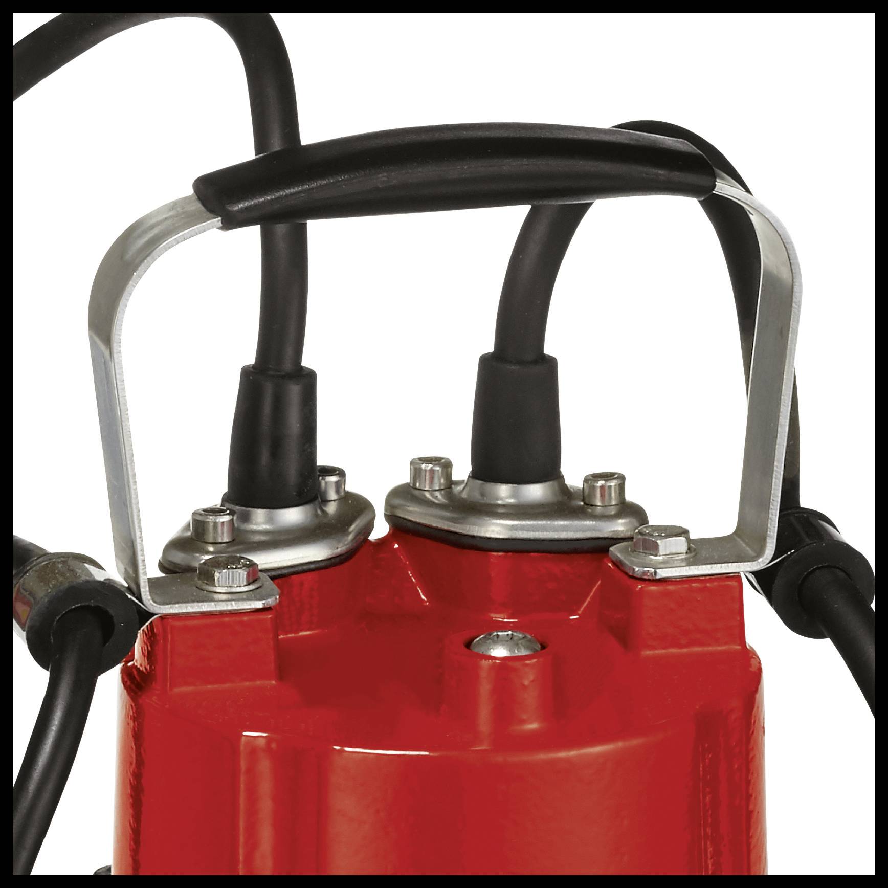 Red motor with black cables and metal handles; close-up. The cables are attached at the top.