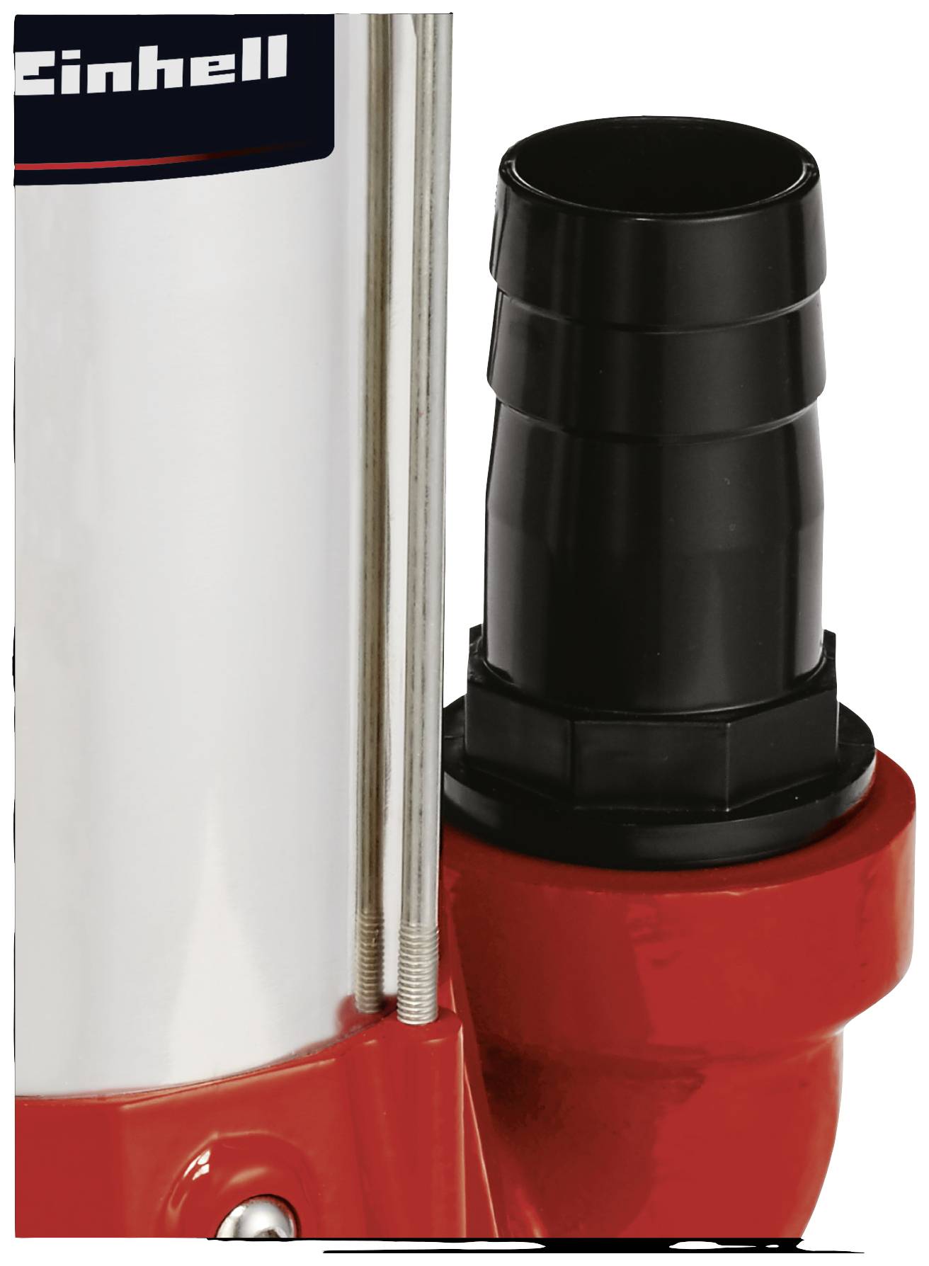 'Section of a metallic pump with black and red components.'