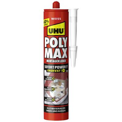 Red cartridge of UHU Poly Max Mounting Adhesive, white nozzle, 40% faster, suitable for indoor and outdoor applications, strong adhesion.