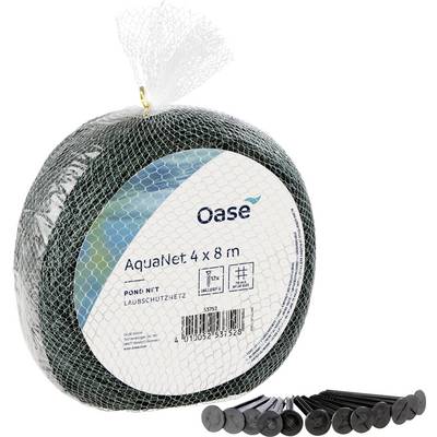 Pond net package labeled 'Oase AquaNet 4 x 8 m', with included plastic pegs for securing the net.