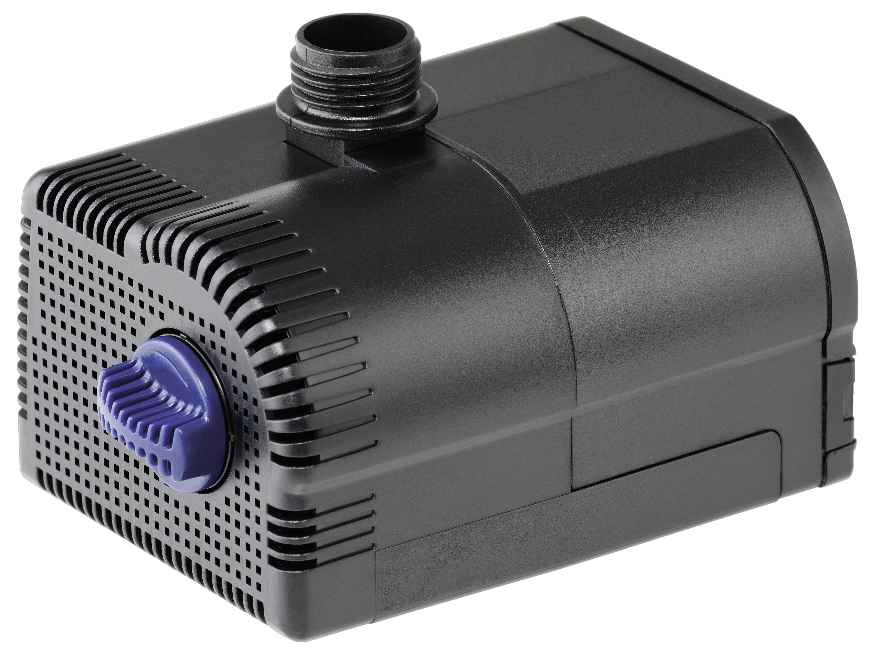 A small, black, rectangular water pump with a blue flow control knob on the side and an outlet at the top.