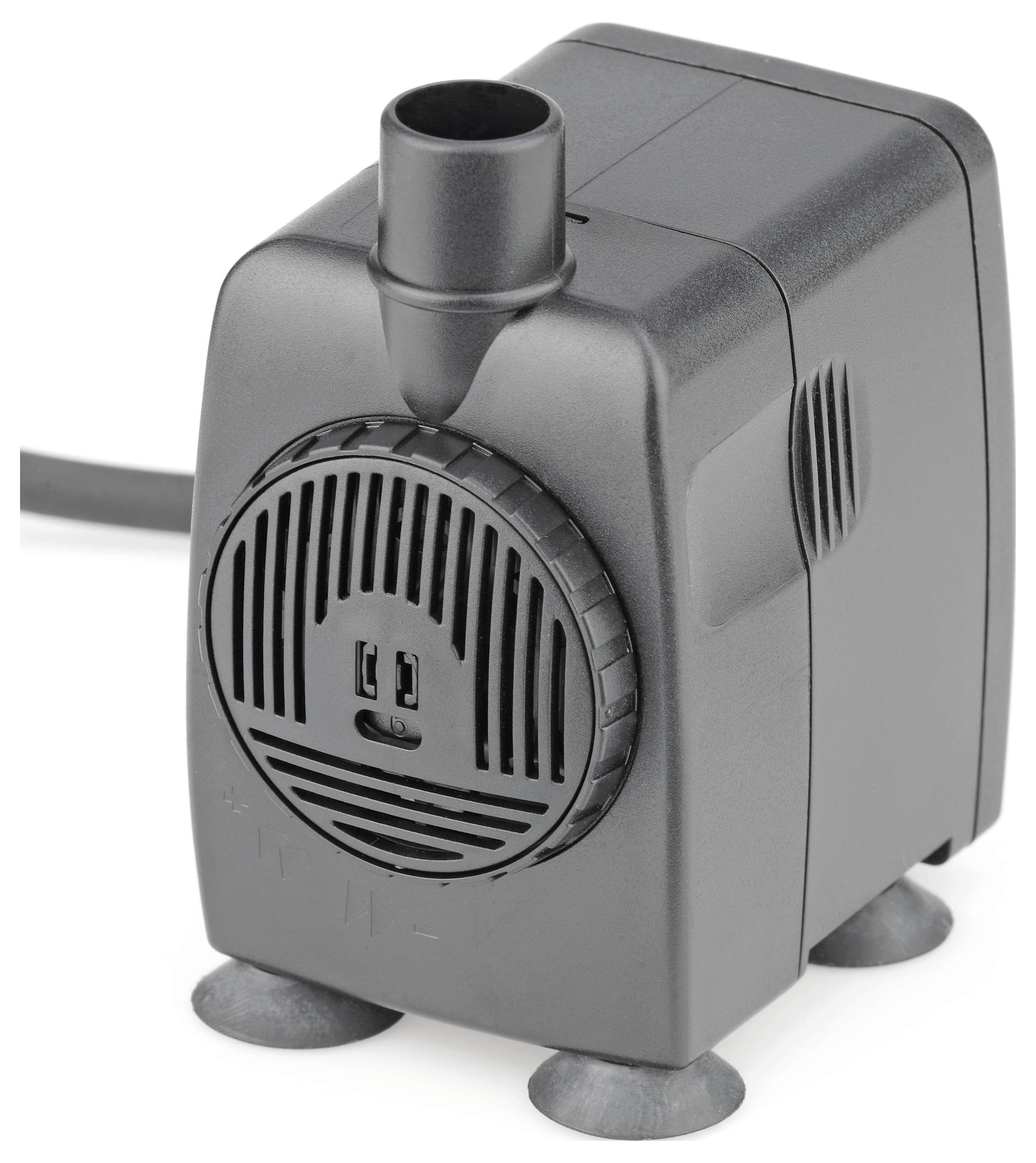 Small black water pump with a cylindrical outlet on top, vent on the front, and suction cups at the base for stabilization.