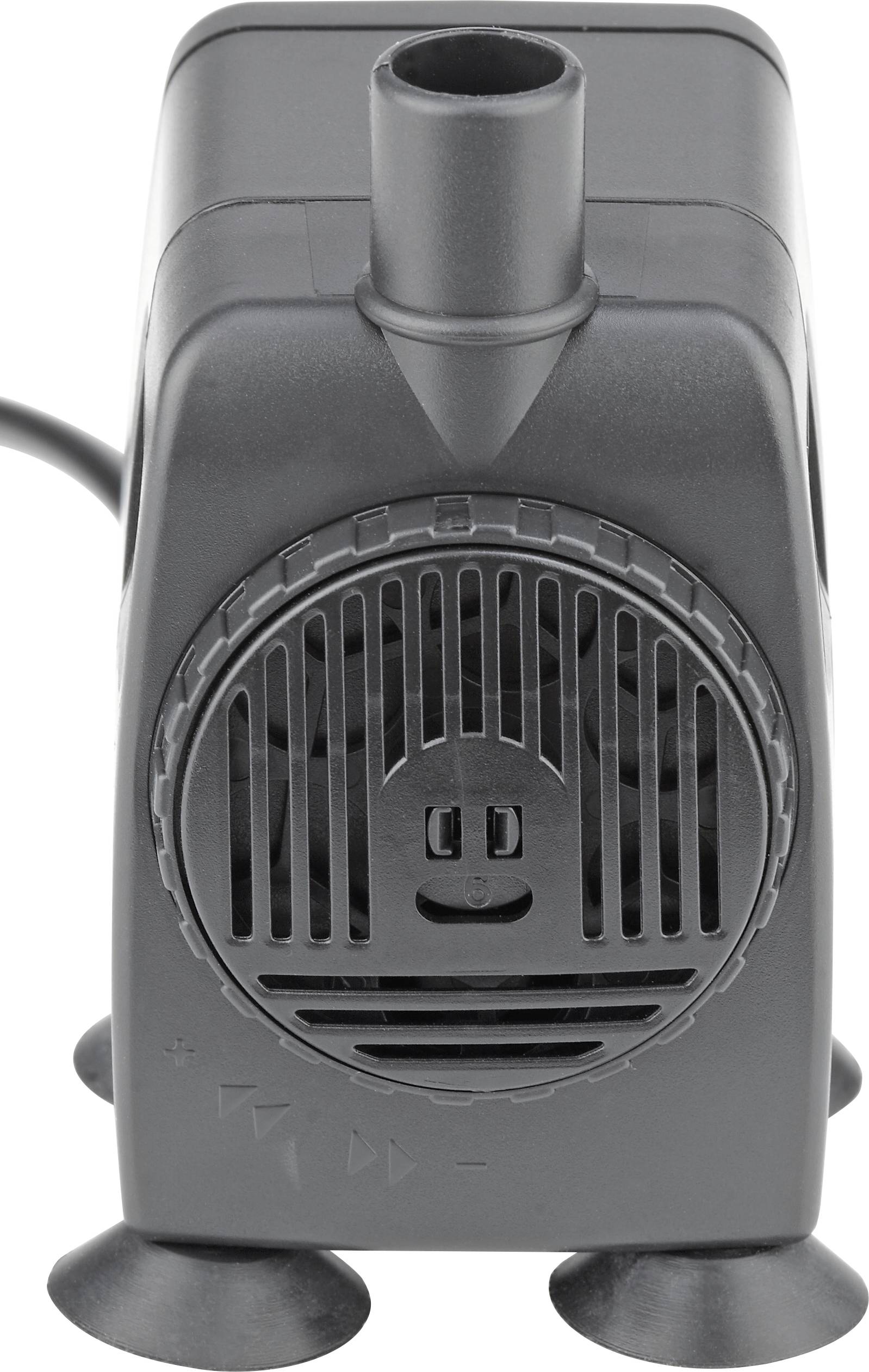 A small black water pump with a cylindrical outlet on top and suction cups at the base, used for aquariums or small fountains.