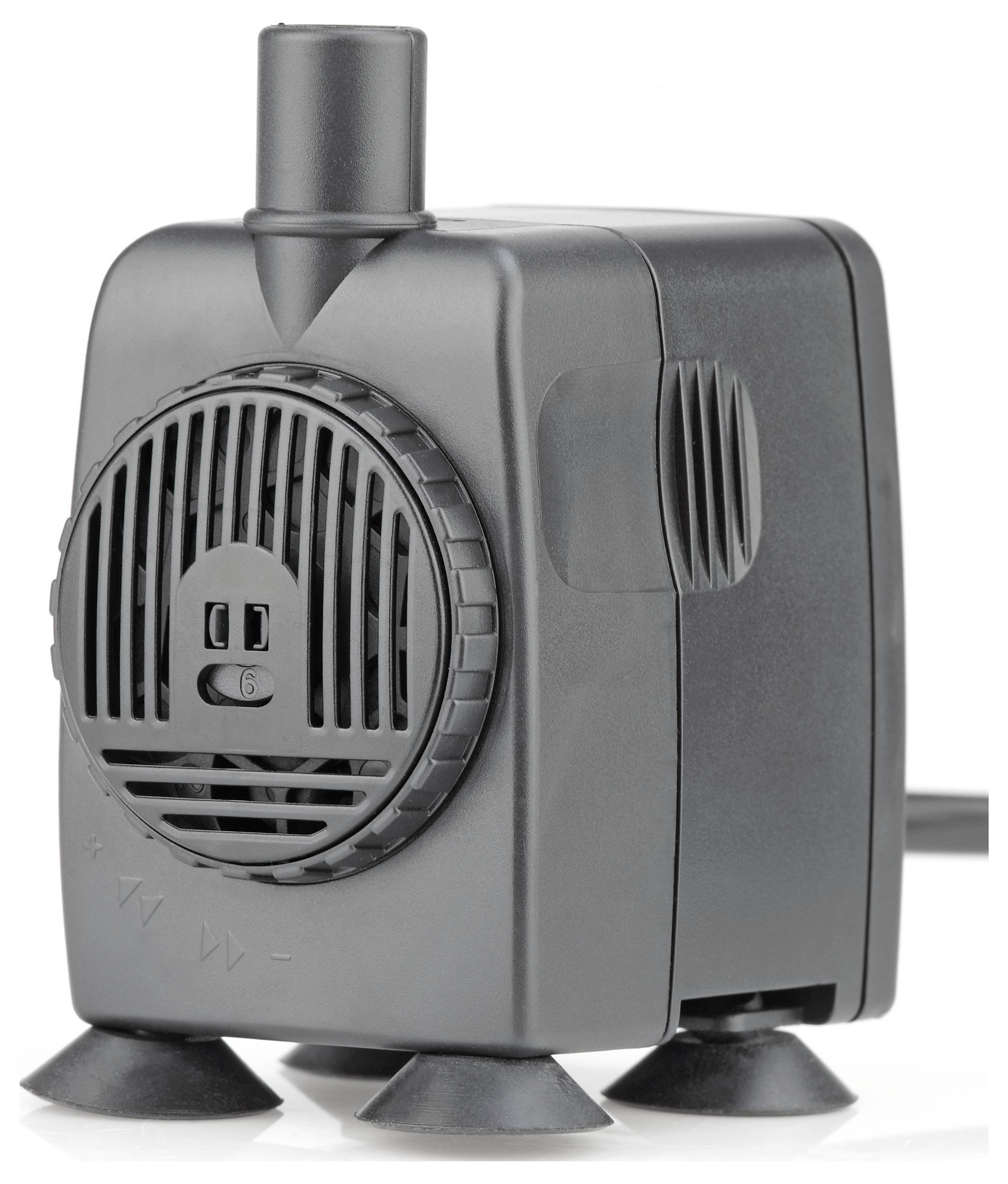 'A black water pump with a cylindrical outlet and four suction cups at the base, designed for steady fixation. Ventilation slits are visible on the side.'