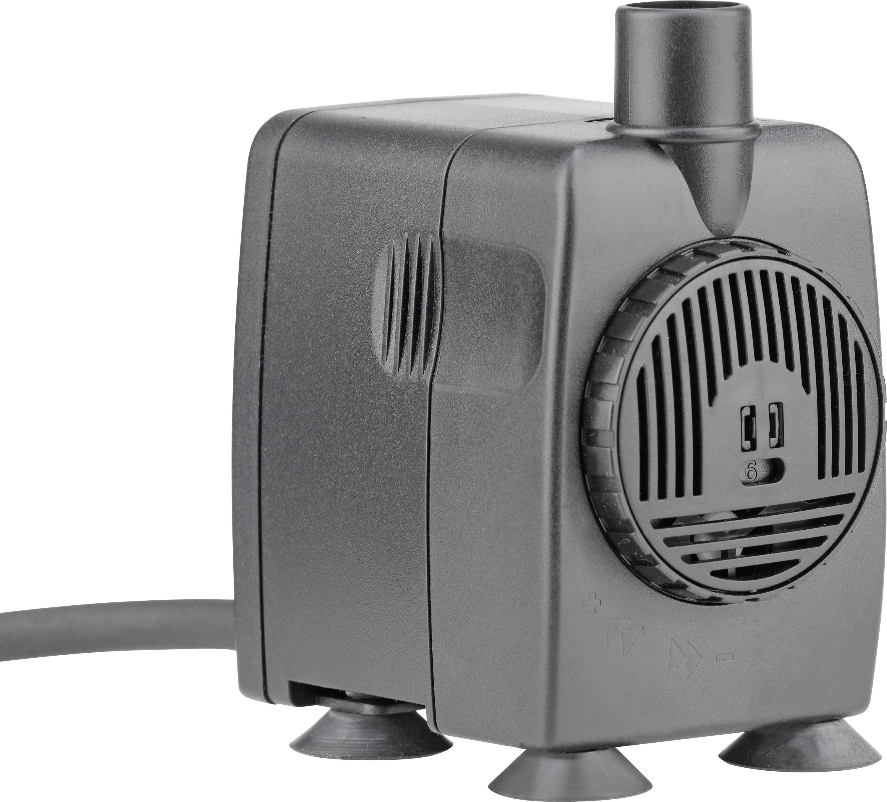 A small black water pump with suction cups at the base and a power cord, used for aquariums or fountains.