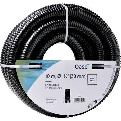 A coil of black spiral hose with specifications: '10 m, Ø 1½" (38 mm)' and 'MAX. 1 BAR' displayed on a white label, wrapped in white bands.
