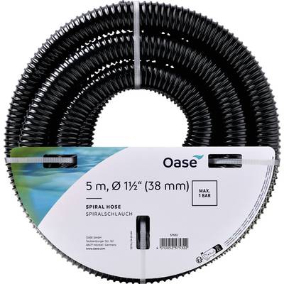 'Black spiral hose, 5 meters, 38 mm diameter. Max 1 bar pressure. Brand: Oase.'