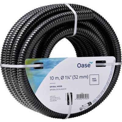 A coiled 10-meter black spiral hose with a 32 mm diameter, labeled 'Oase', suitable for water pressure up to 1 bar.