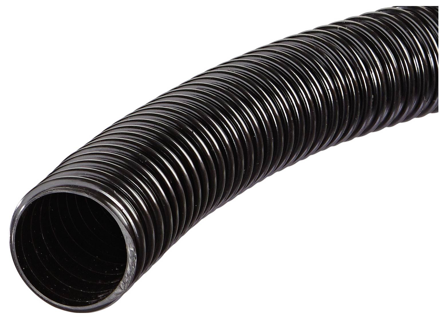 A close-up of a black, flexible corrugated hose, showing its ribbed texture and curved shape, possibly used for industrial or plumbing purposes.