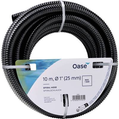 A coiled black spiral hose, 10 meters long with a 1-inch (25 mm) diameter, wrapped with white straps, featuring a label that reads 'Oase Spiral Hose Max. 1 Bar'.