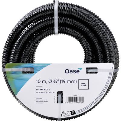A coiled black spiral hose, 10 meters in length with a diameter of 19 mm. The label indicates a maximum pressure of 1 bar.