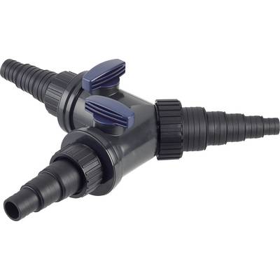 'A black plastic Y-shaped pipe connector with two blue lever handles, featuring multiple ribbed outlets for flexible hose connection.'