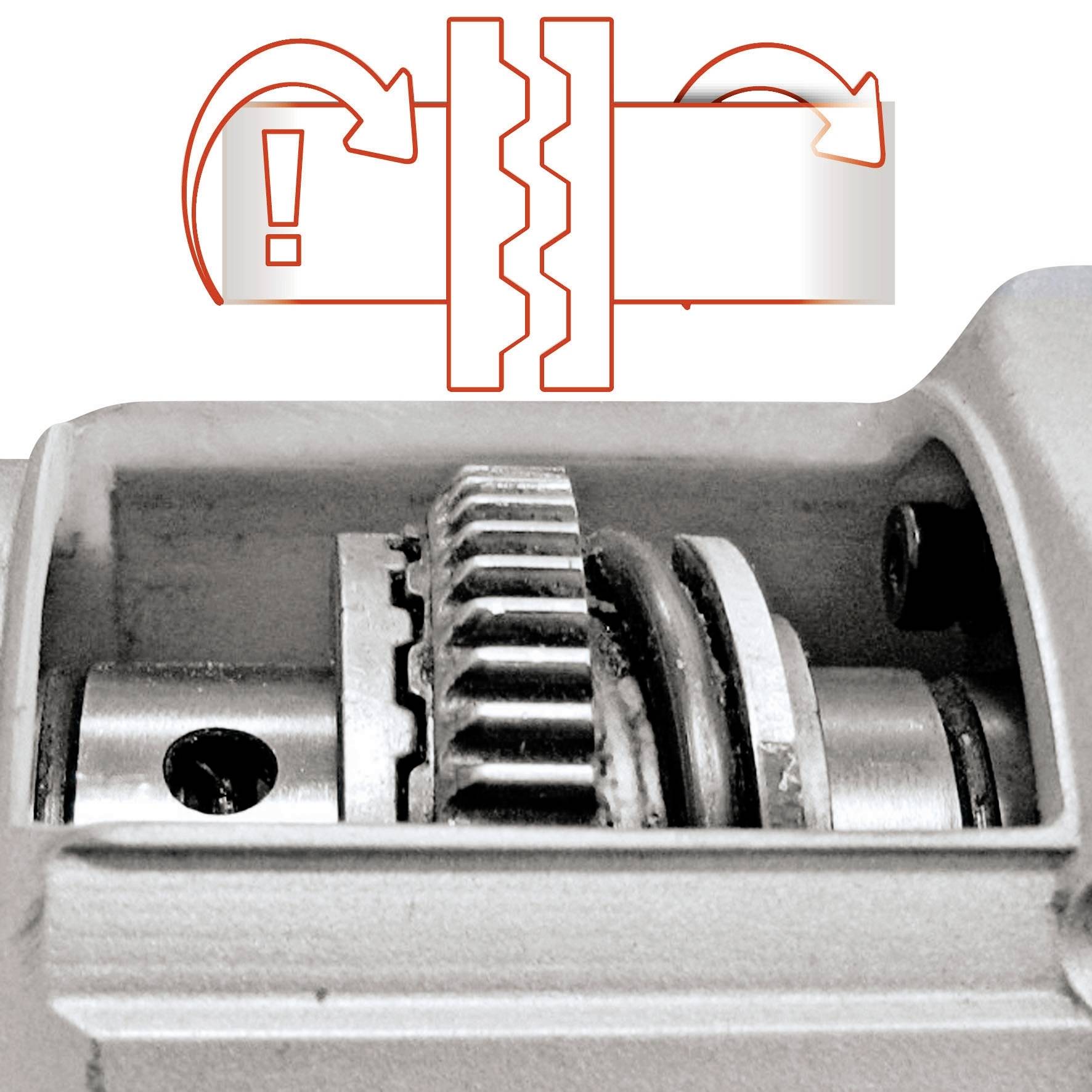 A metal gearbox with cogwheels and arrows indicating the rotational movement. Mechanical functioning of the transmission.