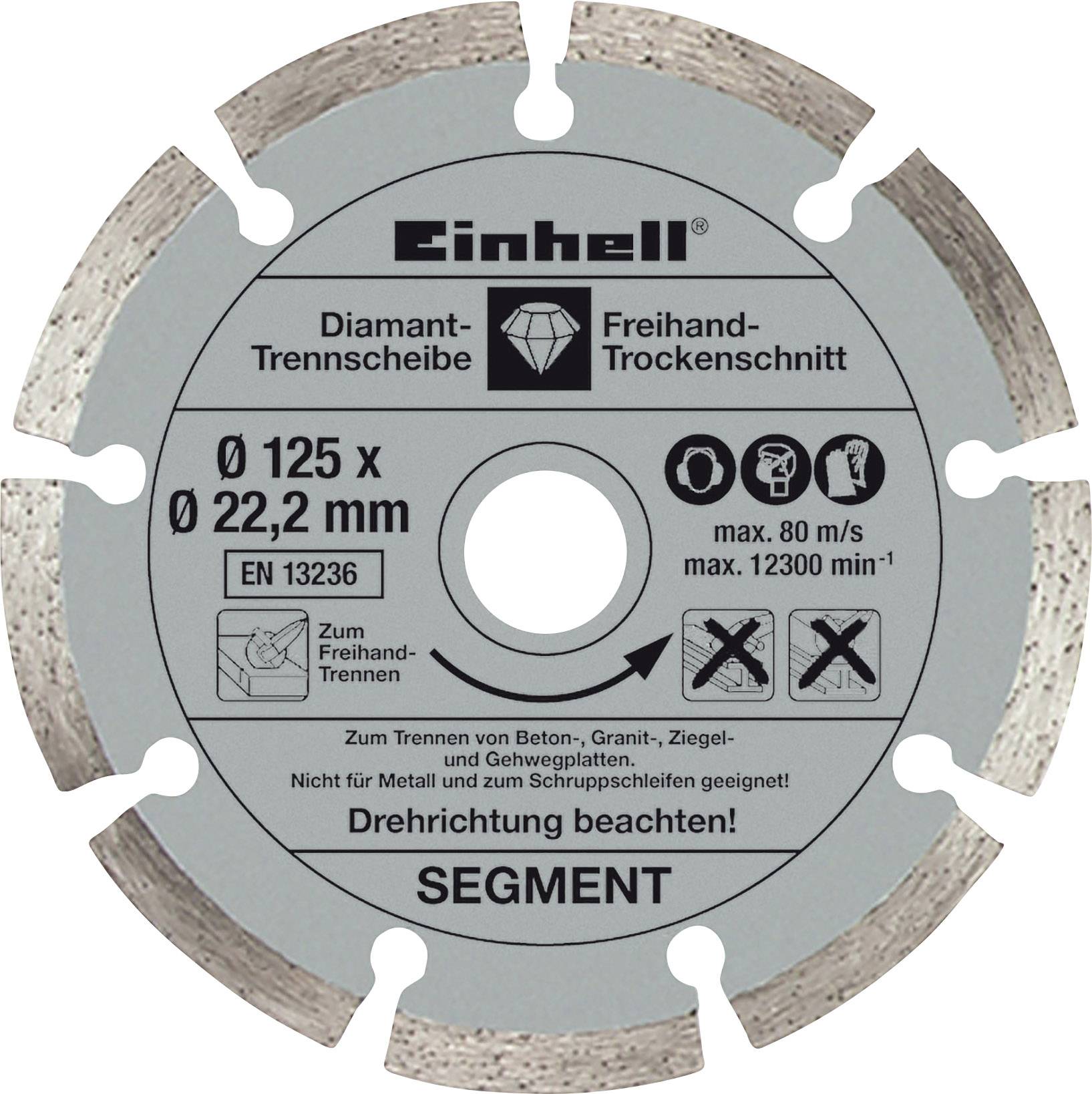 'Einhell' Diamond Cutting Disc for Dry Cutting, Diameter 125 x 22.2 mm. Suitable for concrete, granite, bricks. Maximum rotational speed 12,300 rpm.