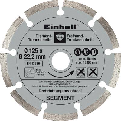 'Einhell' Diamond Cutting Disc for Dry Cutting, Diameter 125 x 22.2 mm. Suitable for concrete, granite, bricks. Maximum rotational speed 12,300 rpm.