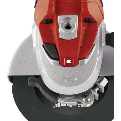 A red and silver angle grinder, closely photographed. It shows the rotating grinding disc and the front part of the housing.