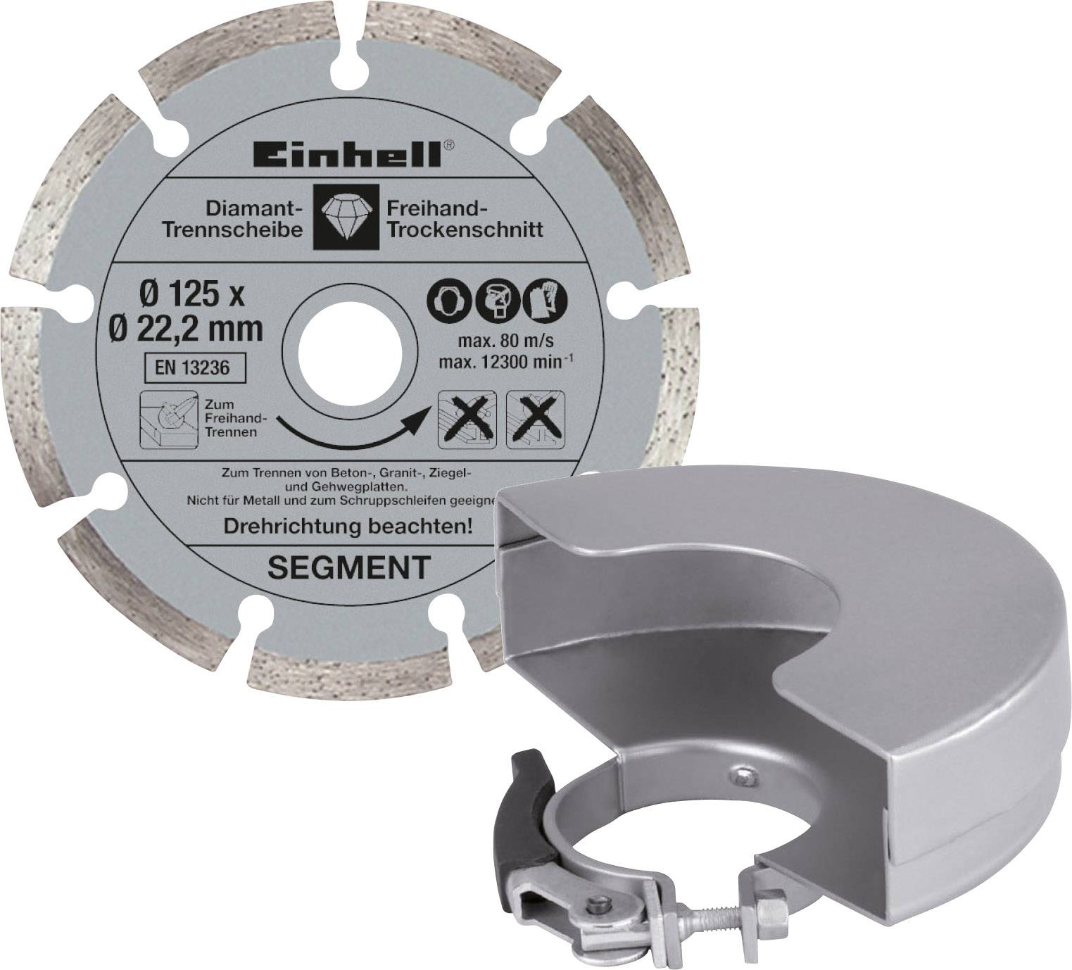 'Diamond cutting disc for freehand dry cutting, 125 mm diameter, for concrete and granite.' Metal clamp on the right of the image.