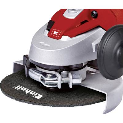 An angle grinder in close-up with a red and silver casing. The grinding disc is marked with the 'Einhell' logo.