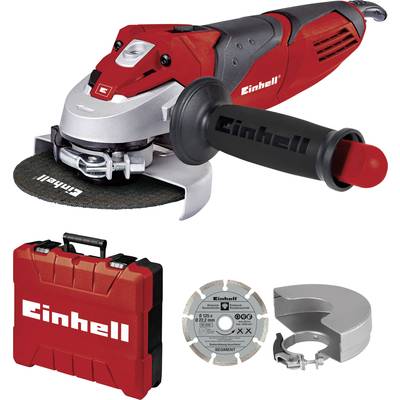 Red angle grinder by Einhell with removable guard and accessories, including disc and red transport case.