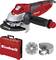 Red angle grinder by Einhell with removable guard and accessories, including disc and red transport case.