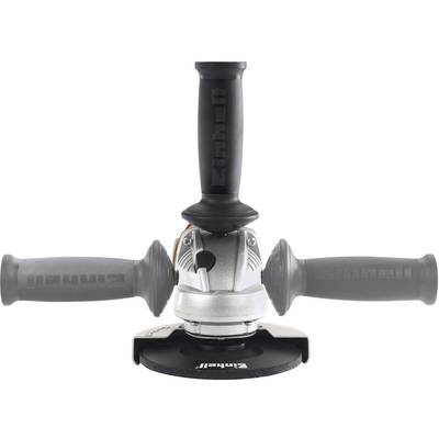 The image depicts an angle grinder with two handles and a black grinding disc, viewed from the front perspective.
