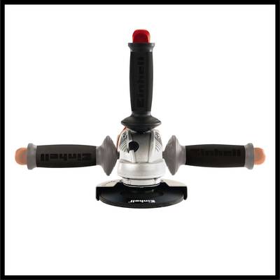 An angle grinder with three ergonomic handles and a black protective housing; red button on top for safety operation.