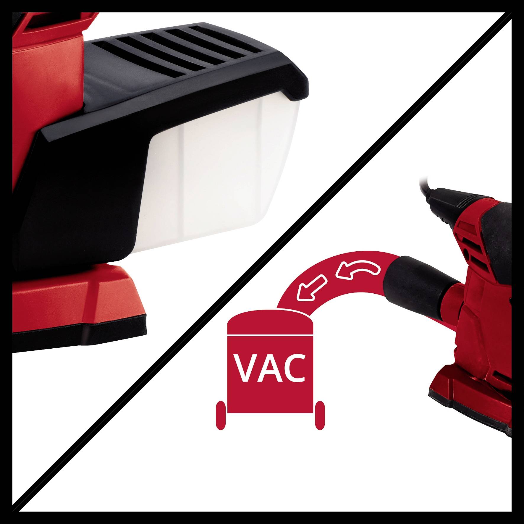 'Two views of a vacuum cleaner: On the left, the collection box, on the right a symbol showing dust removal and emptying into the container.'