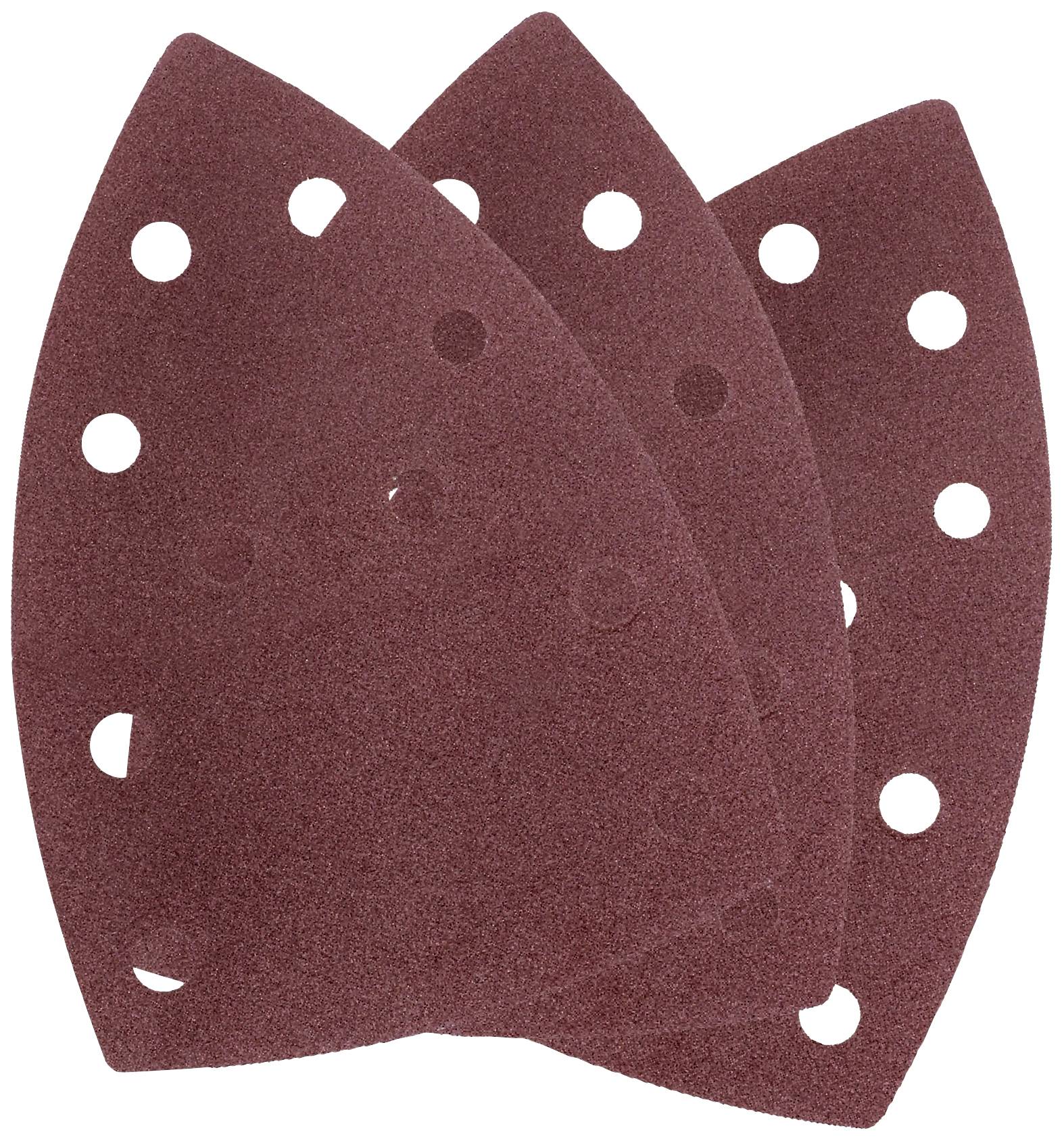 'Two brown sandpaper sheets with multiple holes arranged in a fan-like pattern. Suitable for multi-purpose sanding equipment.'
