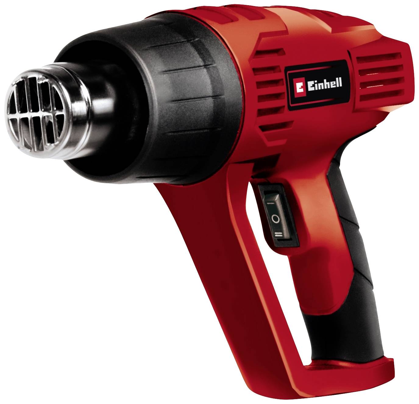 A red hairdryer with a black handle and ventilation slots. Switch located on the side.