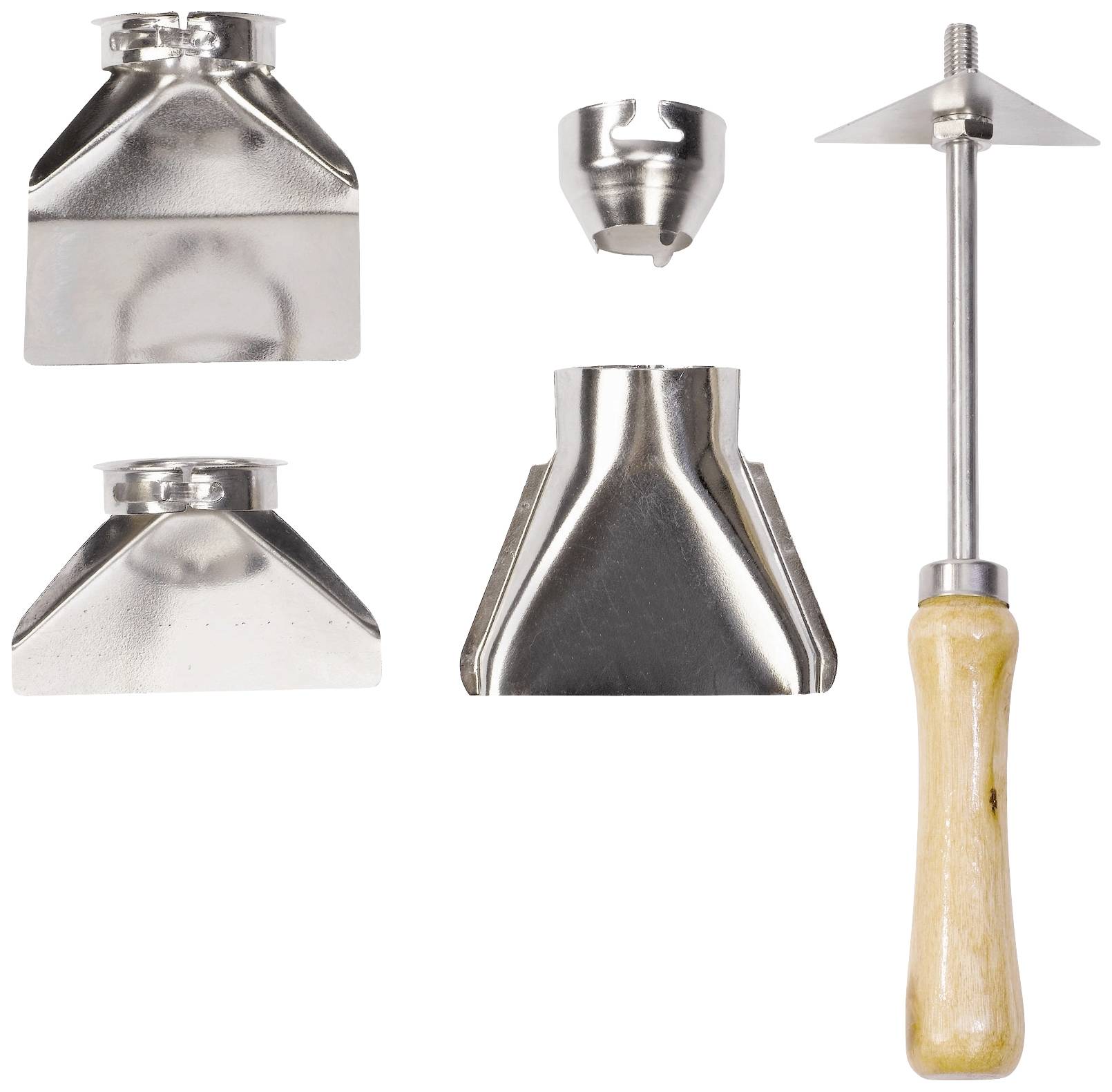 'Roofer's tool set with four different stainless steel tool heads and a wooden handle for pitched roof work.'