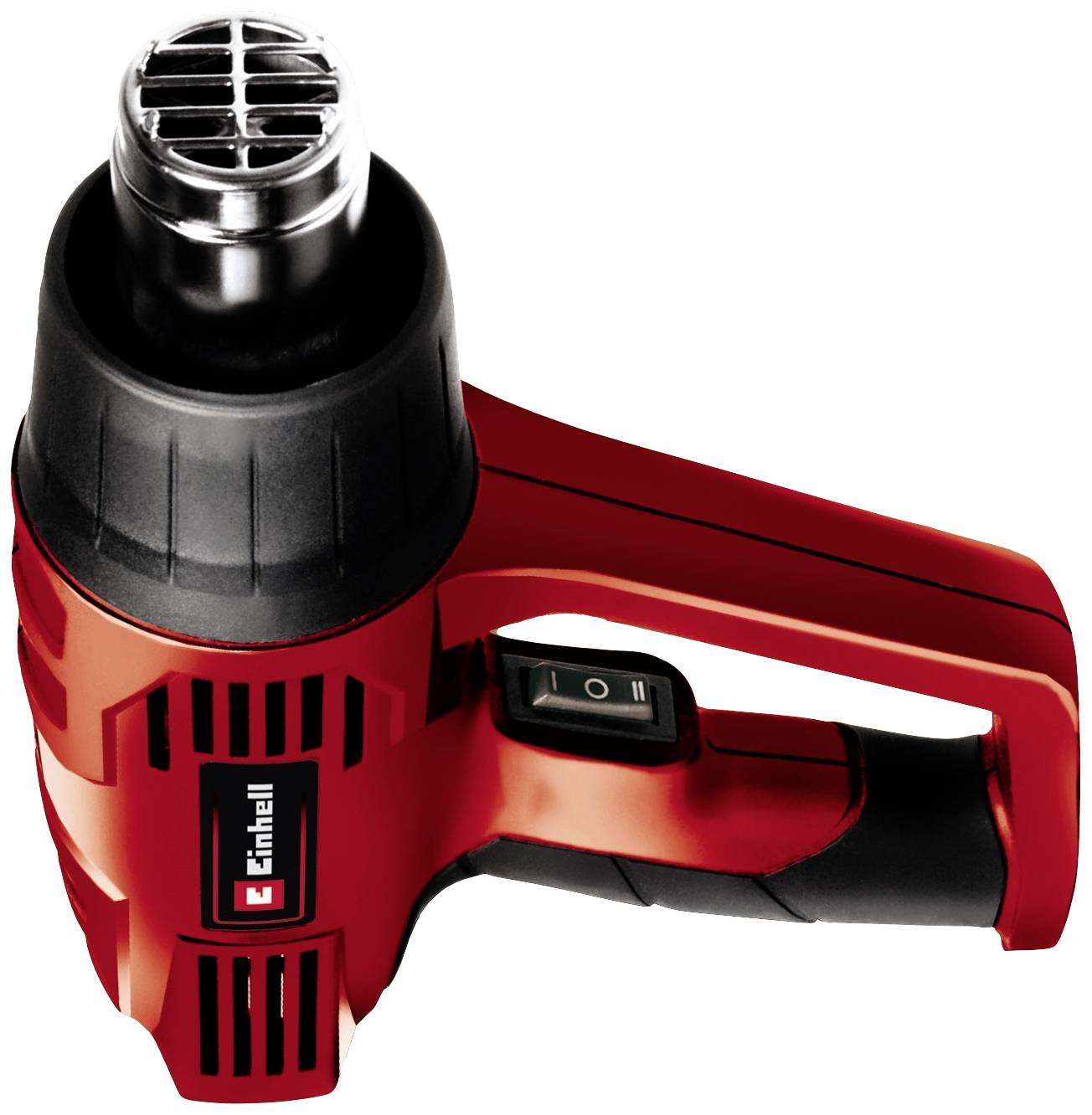A red hot air blower with a black handle and ventilation grille. In an activated state, suitable for craft and repair work.