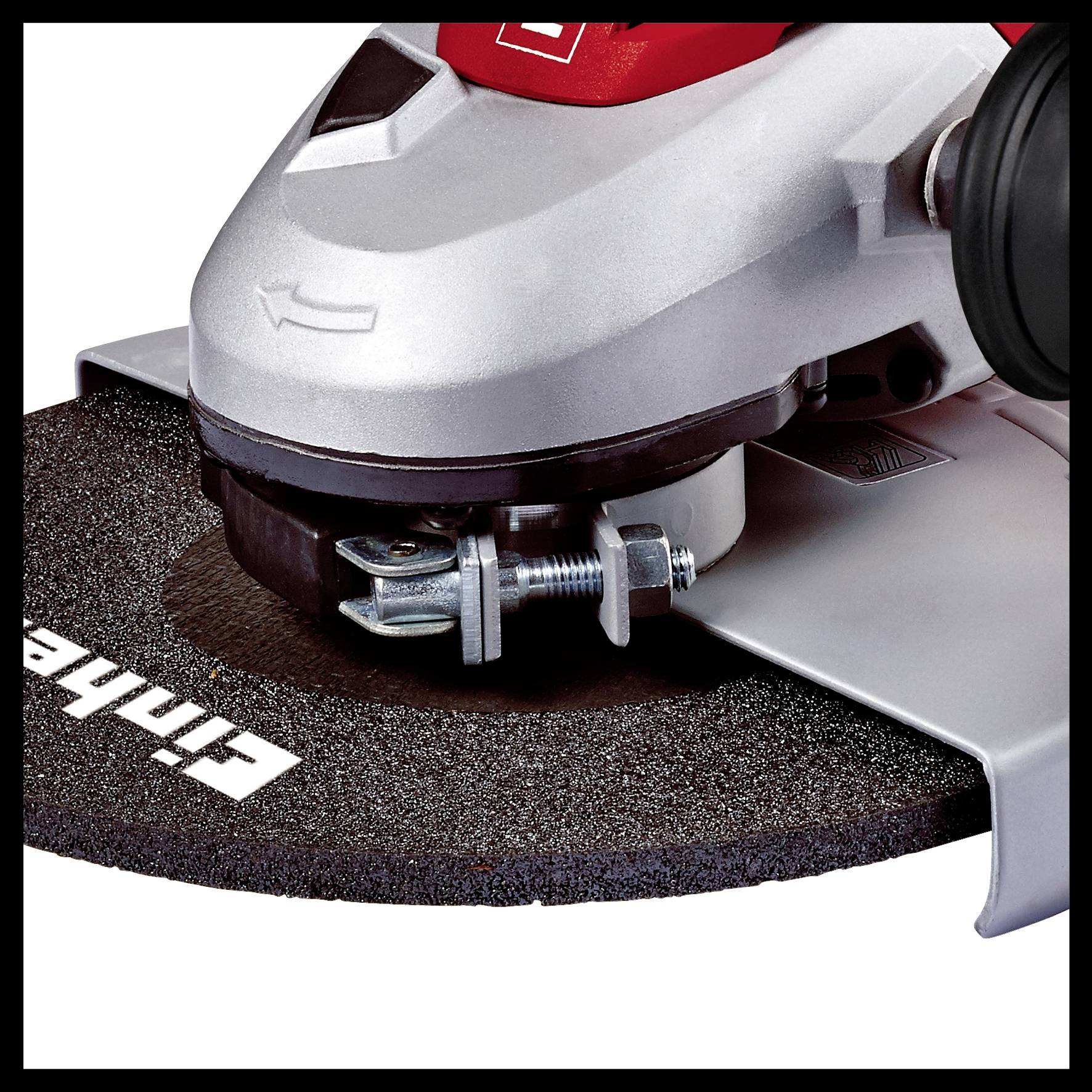 An angle grinder with a cutting disc fitted, ready to cut materials. The device surface is silver and red.