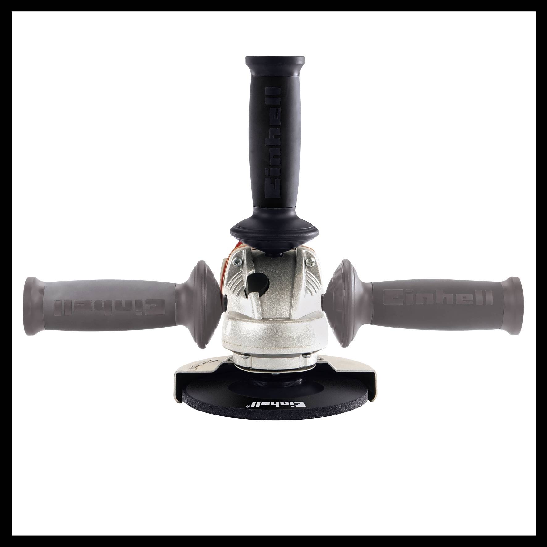 A right-angle grinder with three handles is shown. The middle handle is pointing upwards.