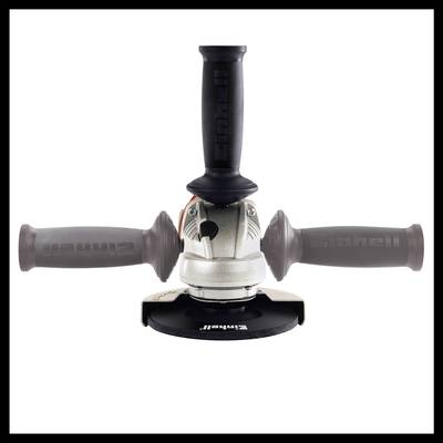 A right-angle grinder with three handles is shown. The middle handle is pointing upwards.